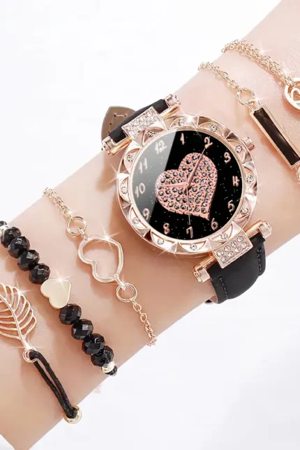 6 قطعة/المجموعة/مجموعة ساعة نسائية لامعة على شكل قلب