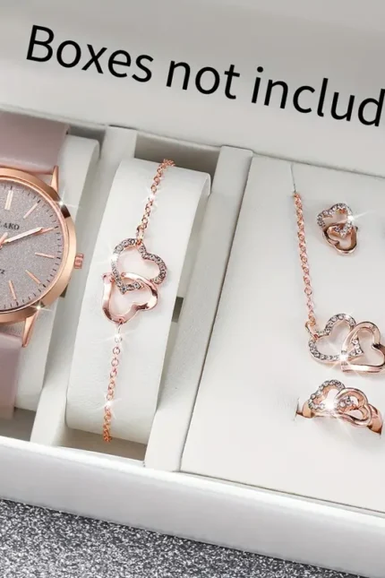 مجموعة ساعات نسائية عصرية مكونة من 6 قطع، ساعة يد بوجه مشرق وحزام من الجلد الصناعي ومجموعة مجوهرات قلب