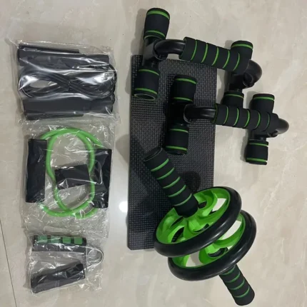 طقم تمارين البطن الكاملة المكونة من 7 قطع/الطقم مع حامل تمرين الضغط وعجلة تمارين البطن وحصيرة صغيرة وحزام مقاومة وحبل القفز وقابض اليد - تقوية القلب وبناء العضلات وحرق الدهون