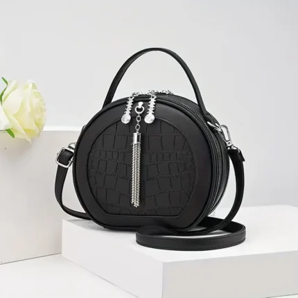 حقيبة كتف دائرية، حقيبة كتف أنيقة، حقيبة جلدية دائرية عارضة مع تعليقة فراشة للنساء