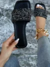 صنادل سلايد بديكور حجر الراين مسطح براقة زجاج نساء