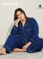 مجموعة بيجاما نسائية طويلة باللون الأزرق الداكن ذات نسيج ناعم من القطن والمودال