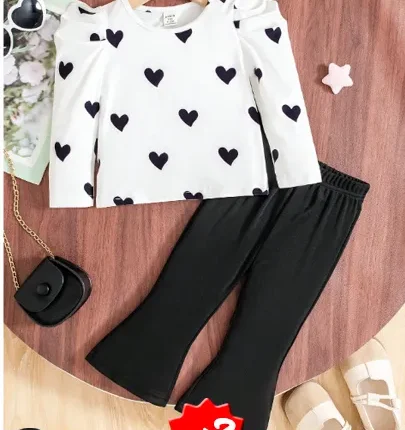 SHEIN مجموعة من 2 قطع للبنات الصغيرات، ملابس أنيقة للشارع بأكمام منتفخة بطبعة قلوب وسروال منبسط، للخريف والشتاء