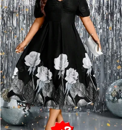 SHEIN Clasi فستان طباعة الأزهار ياقة سويت هارت اكمام منتفخة مقاس كبير
