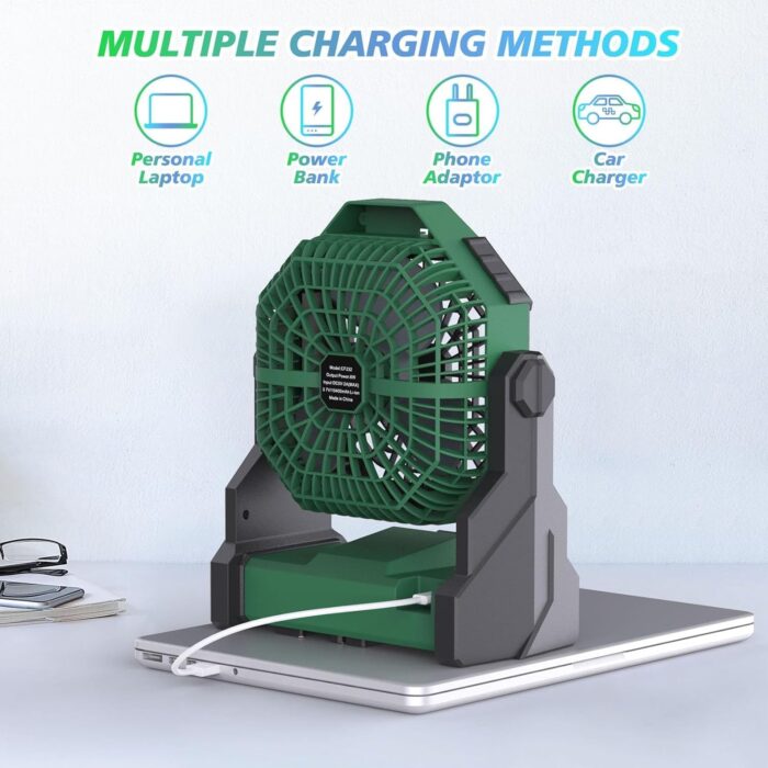 مروحة تخييم مع اضواء LED، مروحة صغيرة محمولة بمنفذ USB، مروحة خيمة خارجية مع اضواء وخطافات، دوران 270 درجة، مروحة صامتة لسطح المكتب، مناسبة للمنزل والمكتب والنزهات وصيد الاسماك...