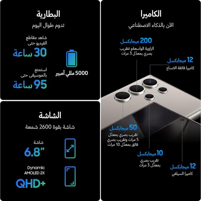 موبايل سمارت سامسونج جالاكسي S24 الترا بنظام اندرويد بالذكاء الاصطناعي تخزين 256 جيجابايت وذاكرة رام 12 جيجابايت وكاميرا 200 ميجابيكسل بعمر بطارية طويل وقلم ستايلس ، لون رمادي...