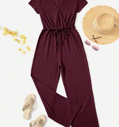 SHEIN LUNE جمبسوت موحدة اللون ربطة امامية ساق عريضة بقصة ملفوفة