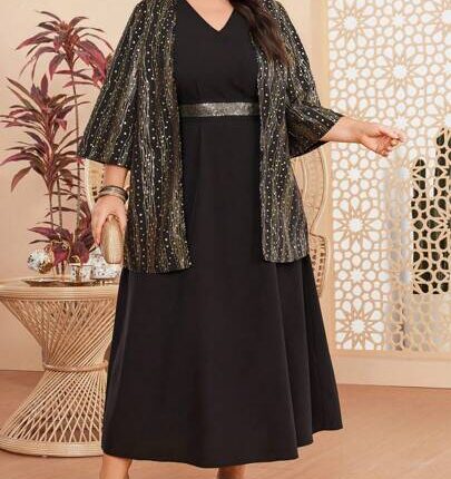 SHEIN Mulvari طقم مكون من قطعتين من سترة نسائية بطبعة منقطة وفستان بدون أكمام بمقاس كبير