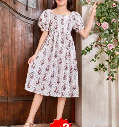 SHEIN فستان مزين بقوس للفتيات المراهقات' مع عنق دائري - المقاس 12 سنة