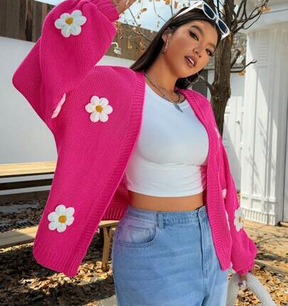 SHEIN EZwear كاردجان قطني كاجوال بأكمام فانوس مزخرف بالأزهار الوردية المقاس الكبير للخريف والشتاء