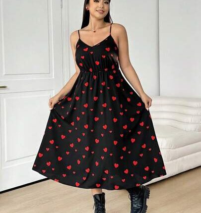 SHEIN EZwear فستان بدون أكمام مطبوع بقلب أحمر على خلفية سوداء، مناسب لعيد الحب
