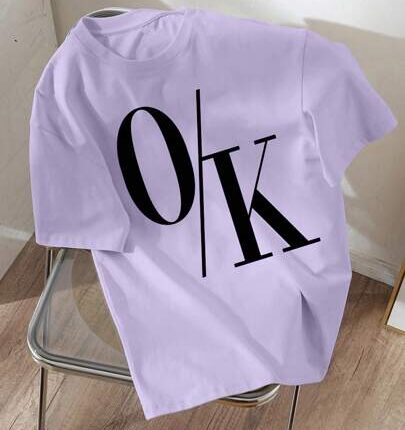 SHEIN EZwear صيفي متسع غير رسمي طباعة حرف ok على الرقبة المستديرة أكمام قصيرة تي شيرت نسائي، ok