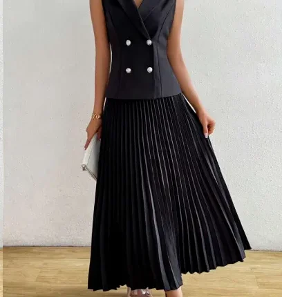 SHEIN Raffinéa بدلة بليزر أكمام منقوشة على شكل V + تنورة طويلة سوداء مكسوة