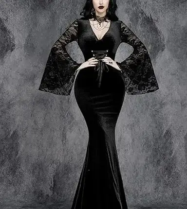 فستان ساحر قوطي نسائي بقصة ذيل السمكة مع رباط خصر وأكمام من الدانتيل | متجر واو الأفضل