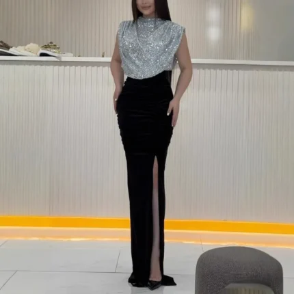 فستان سهرة موضة مزاجه الترتر خياطة فساتين النساء الفاخرة عقد اللون فستان الحفلات أنيقة المرأة س الرقبة عالية الشق فستان ماكسي