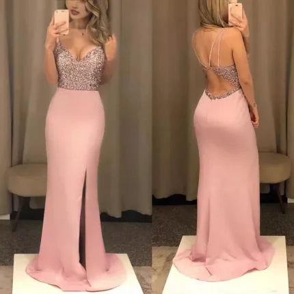 فستان طويل بدون ظهر بترتر مثير على الطراز الأوروبي والأمريكي، أفضل مبيع، بدون حمالات، برقبة على شكل V، طراز طازج حلو ولطيف، تنورة على شكل حرف A