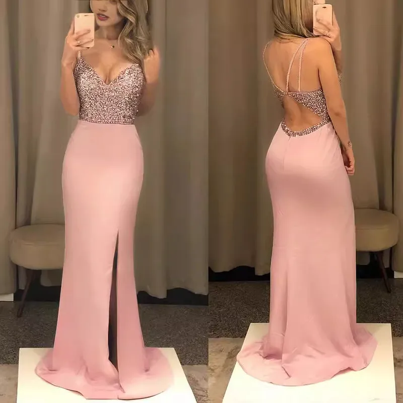 فستان طويل بدون ظهر بترتر مثير على الطراز الأوروبي والأمريكي، أفضل مبيع، بدون حمالات، برقبة على شكل V، طراز طازج حلو ولطيف، تنورة على شكل حرف A