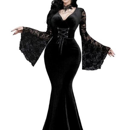 Women Gothic Bandage Waist Sleeve Lace Patchwork Fishtail Goth Witch Dress for Halloween