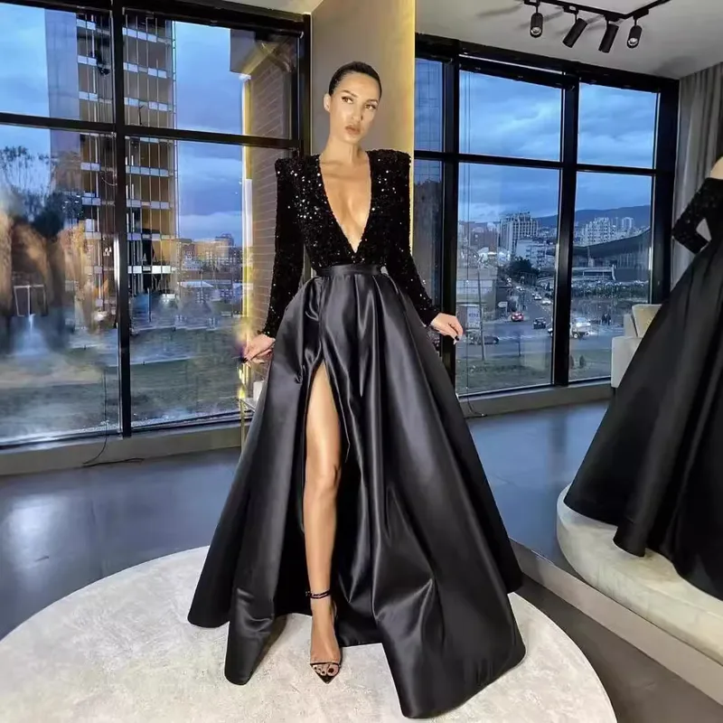 فستان سهرة عصري 2022 بكتف واحد واكمام طويلة وخرز وقبة V كبيرة متأرجحة من الترتر، فستان سهرة طويل فستان الاميرة