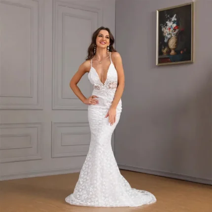 فستان زفاف أبيض أنيق للنساء، مقاس كبير، فستان زفاف أنيق وجذاب من الدانتيل يبرز منحنيات الوركين، فستان زفاف، فستان سهرة أنيق وساحر للنساء