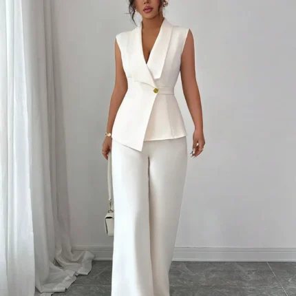 بدلة نسائية أنيقة بلون نقي مع بنطلون مستقيم، مجموعة موضة الخريف، زي كاجوال، قماش بوليستر، بدون أكمام، لربيع وصيف وخريف