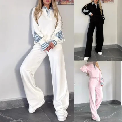 قميص كاجوال فضفاض بأكمام طويلة مع طوق مجموعة موضة خريف 2025 لون نقي قطن بوليستر نمط التنقل بدلة نسائية