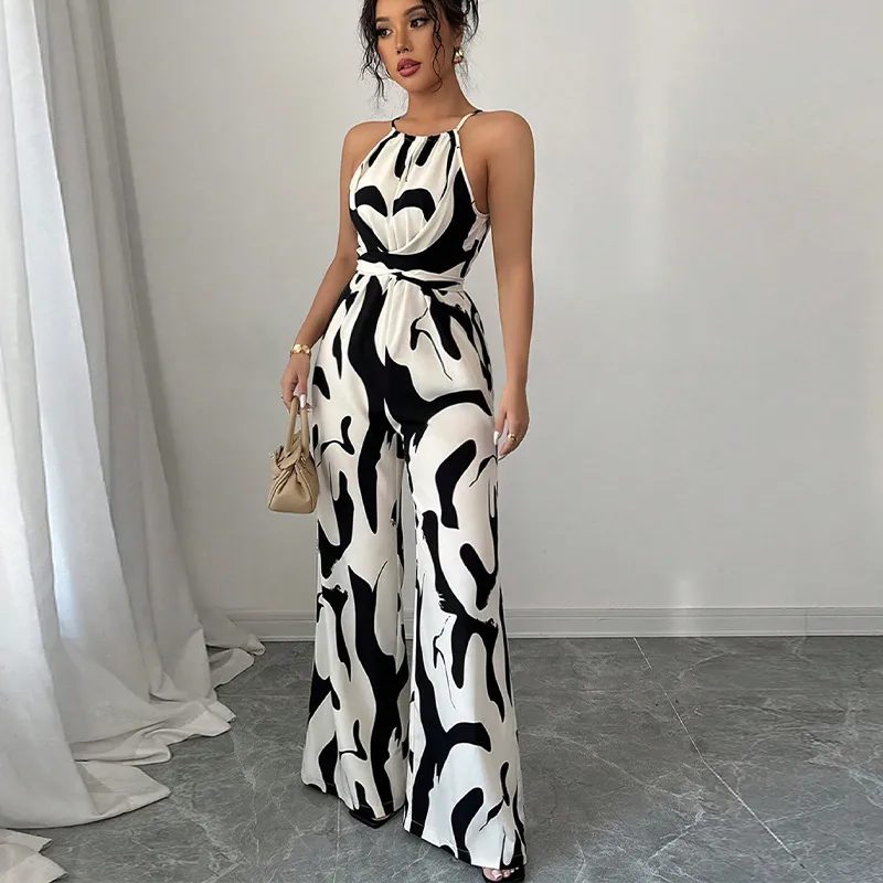 بدلة مثيرة بنمط حمار وحشي 2025 ربيع صيف نمط أوروبي وأمريكي بنطلون طويل واسع الأرجل مع رباط ملابس نسائية