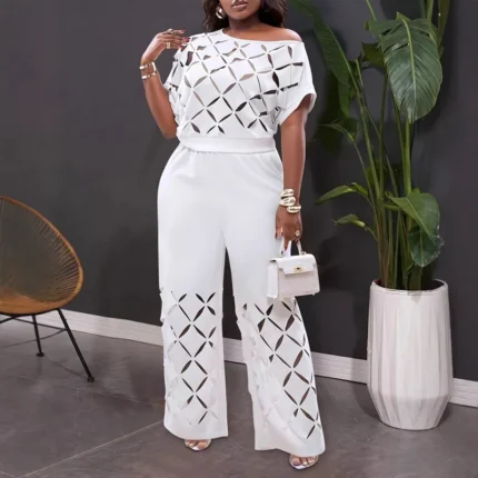 مجموعة أنيقة بلون نقي غير متماثل مع تطريز على الكتف قطعتين موضة ربيع مجموعة ترفيهية للنساء