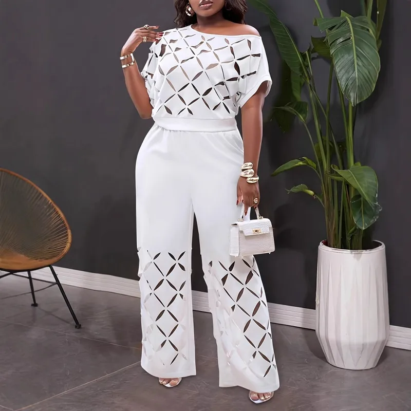 مجموعة أنيقة بلون نقي غير متماثل مع تطريز على الكتف قطعتين موضة ربيع مجموعة ترفيهية للنساء