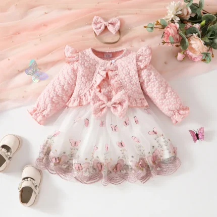 مجموعة فستان المشي للفتيات مع سترة شبكية طويلة الأكمام على شكل فراشة وربطة رأس مناسبة للخريف والشتاء والربيع من قماش البوليستر