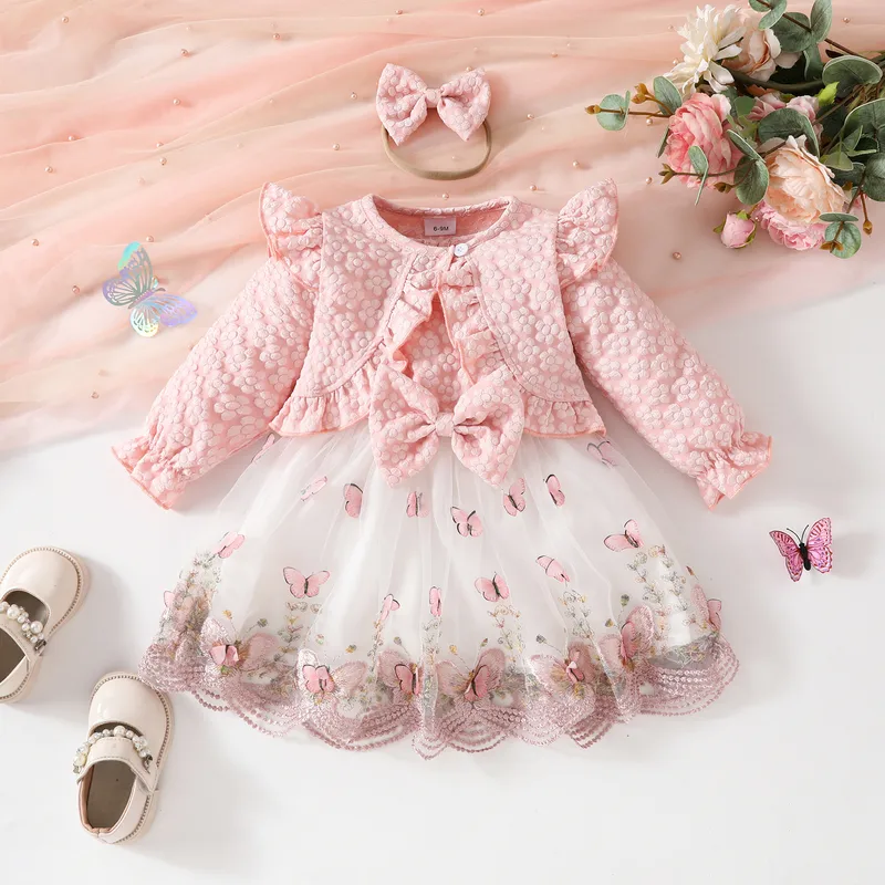 مجموعة فستان المشي للفتيات مع سترة شبكية طويلة الأكمام على شكل فراشة وربطة رأس مناسبة للخريف والشتاء والربيع من قماش البوليستر