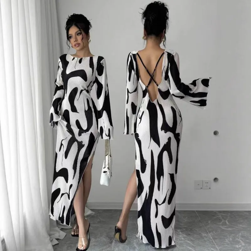 فستان صيفي نسائي بأكمام طويلة وطباعة زهور، فستان متوسط الطول بأسلوب كوري غير رسمي، كتف واحد، قماش بوليستر، أكمام تسع نقاط