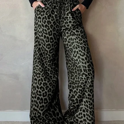 بنطلون كاجوال بطبعة الفهد بخصر عالٍ من الساتان بأرجل مستقيمة، نمط أوروبي وأمريكي، بنطلون واسع فضفاض طويل للنساء