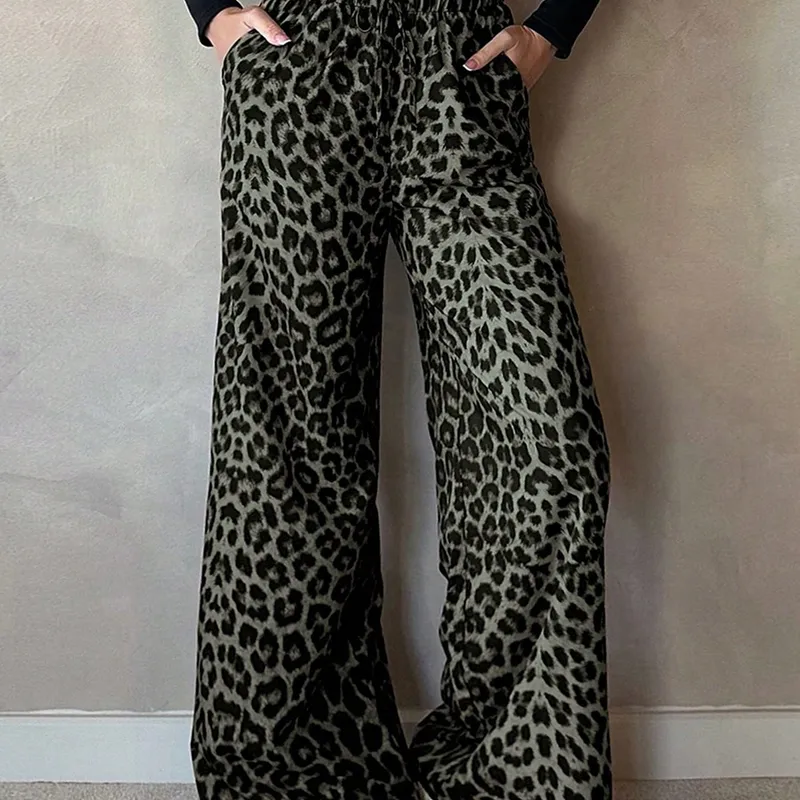 بنطلون كاجوال بطبعة الفهد بخصر عالٍ من الساتان بأرجل مستقيمة، نمط أوروبي وأمريكي، بنطلون واسع فضفاض طويل للنساء