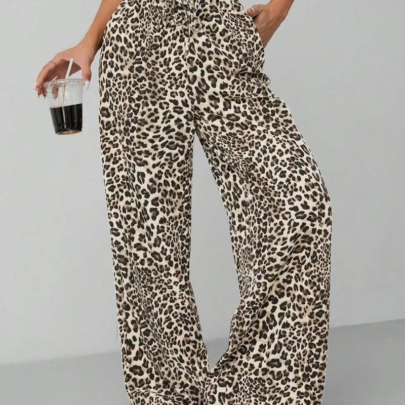 التجارة الخارجية الأمريكية و الأمريكية ملابس نسائية بطباعة فهد أمازون محطة مستقلة أزياء البرية الساق واسعة السراويل السراويل ، مستقيم-تصميم سراويل الساق ، ومناسبة لجميع المناسبات لارتداء