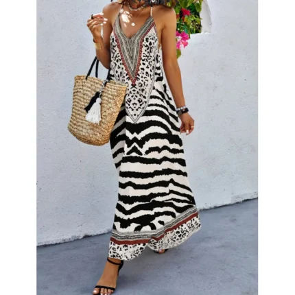 فستان ماكسي بدون ظهر بطبعة حيوانات على الطراز الأوروبي، نمط حمار وحشي، فستان بدون أكمام من قماش البوليستر لفترة المساء