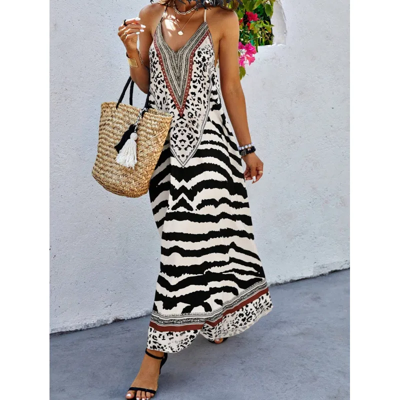 فستان ماكسي بدون ظهر بطبعة حيوانات على الطراز الأوروبي، نمط حمار وحشي، فستان بدون أكمام من قماش البوليستر لفترة المساء