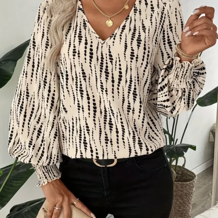 قميص نسائي كاجوال برقبة على شكل V بطبعة فهد بأكمام طويلة فضفاضة من الشيفون، أنيق بأسلوب التنقل المريح، موضة مريحة