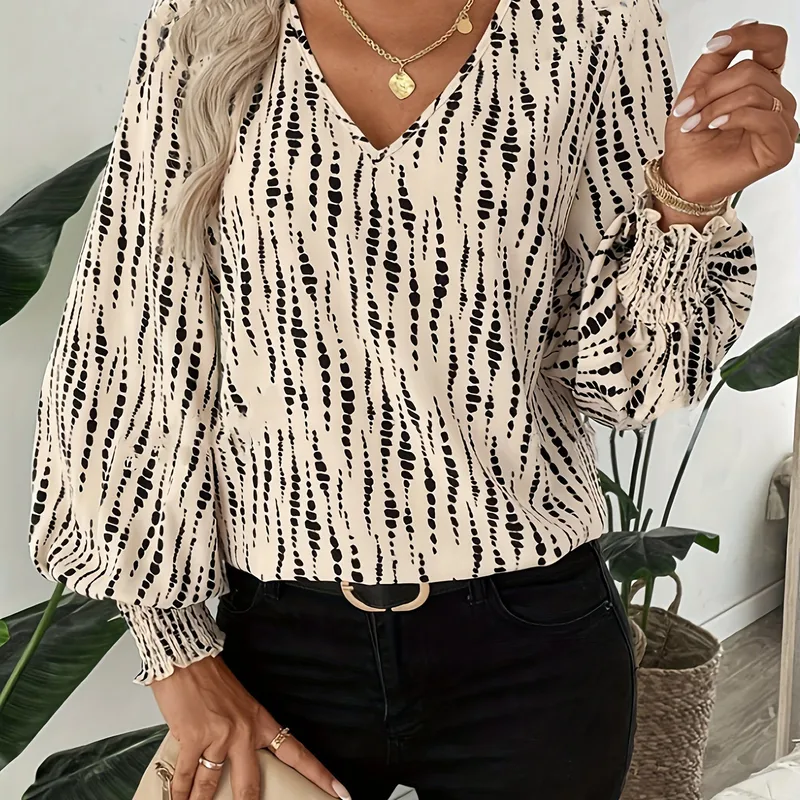 قميص نسائي كاجوال برقبة على شكل V بطبعة فهد بأكمام طويلة فضفاضة من الشيفون، أنيق بأسلوب التنقل المريح، موضة مريحة