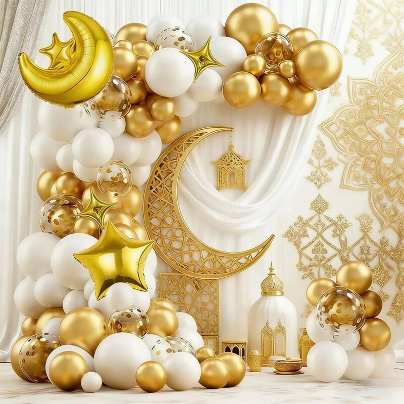 مجموعة قوس بالونات عيد مبارك مكونة من 106 قطعة - بالونات ذهبية وبيضاء على شكل هلال ونجمة مع خلفية بنقوش عربية، زينة رمضانية لحفلات الإفطار، وزينة جدارية منزلية للمناسبات الإسلامية | متجر واو الأفضل ترينديول السعودية