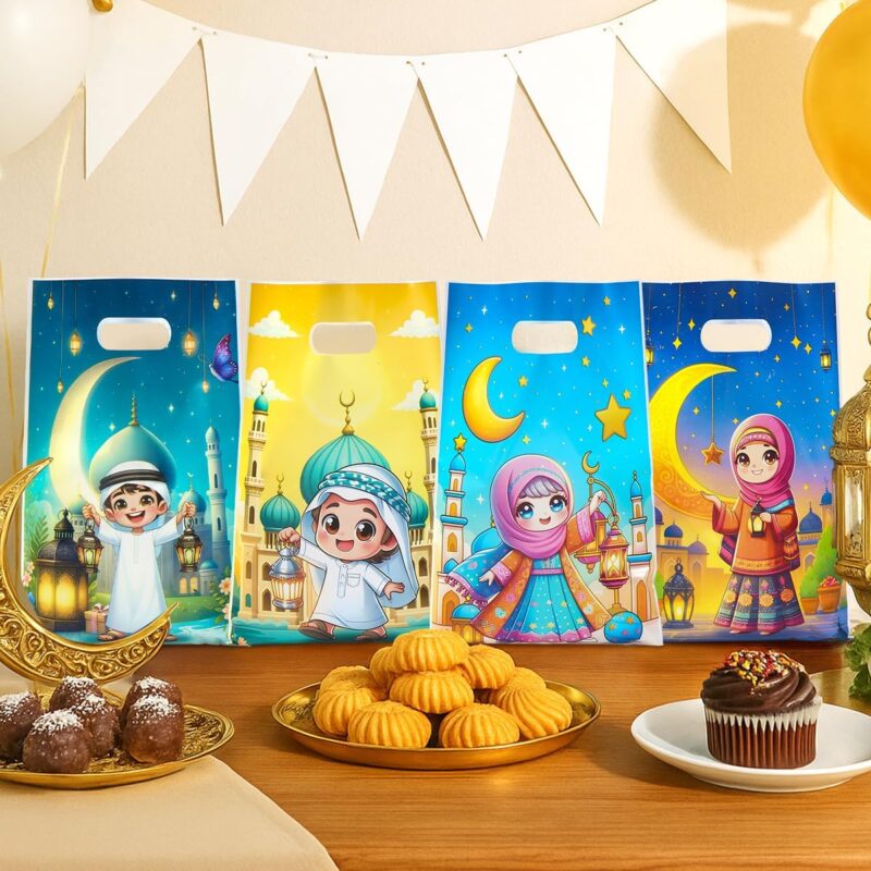 ٢٥ كيس هدايا رمضان كريم، أكياس بلاستيكية ملونة بأربعة ألوان متنوعة بنقشة فوانيس شخصيات كرتونية، مناسبة لتوزيع الحلوى والهدايا في حفلات الأطفال الإسلامية | متجر واو الأفضل ترينديول السعودية