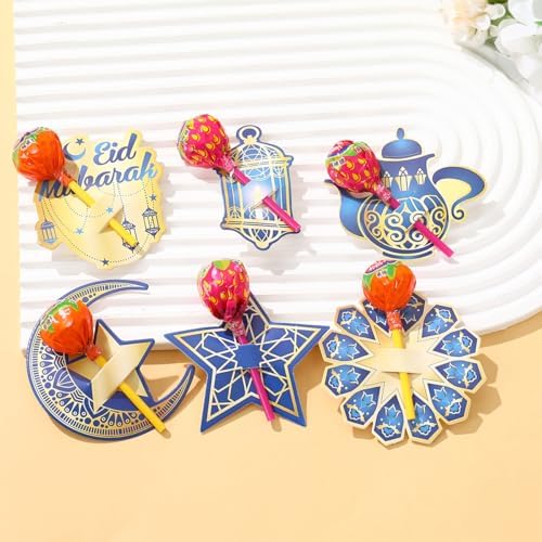 ٤٨ قطعة من بطاقات تزيين المصاصات لعيد مبارك، فوانيس على شكل هلال ونجوم باللون الأزرق والذهبي، زينة حلوى رمضان كريم من الورق المقوى، حوامل حلوى ورقية لتزيين حفلات العيد ذات الطابع الإسلامي | متجر واو الأفضل ترينديول السعودية
