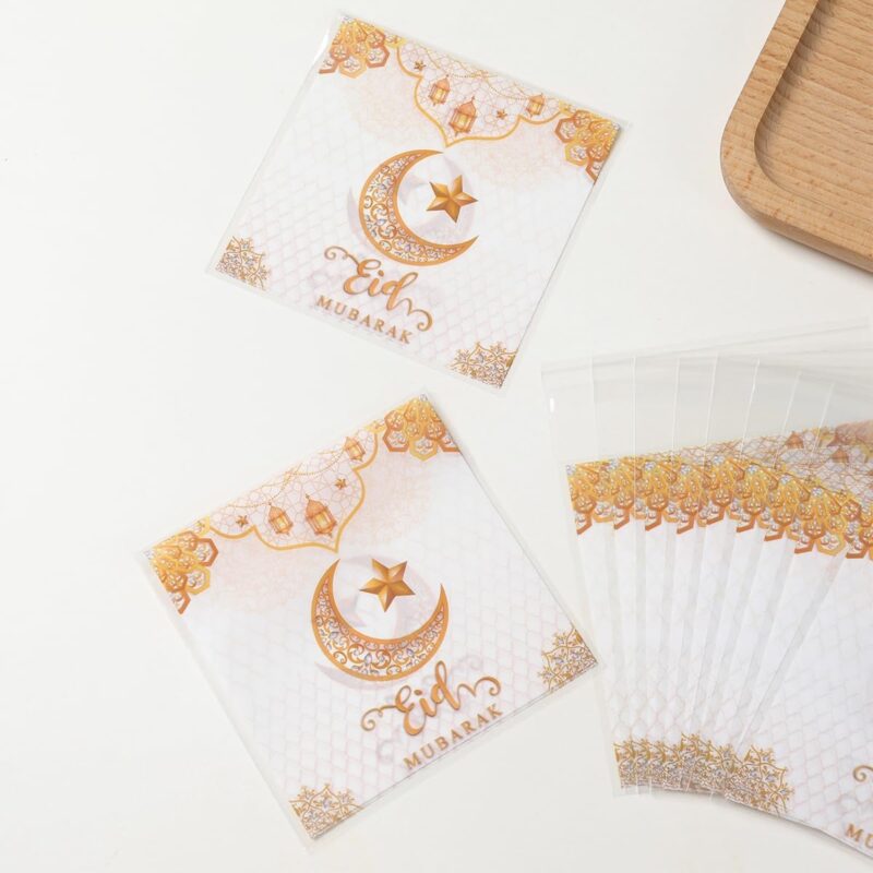 ٥٠ كيسًا صغيرًا لحلويات عيد مبارك، أكياس هدايا رمضان كريم باللونين الأبيض والذهبي على شكل هلال، أغلفة حلوى فردية ذاتية اللصق، أكياس شفافة يمكنك صنعها بنفسك لتوزيعها في حفلات المسلمين | متجر واو الأفضل ترينديول السعودية