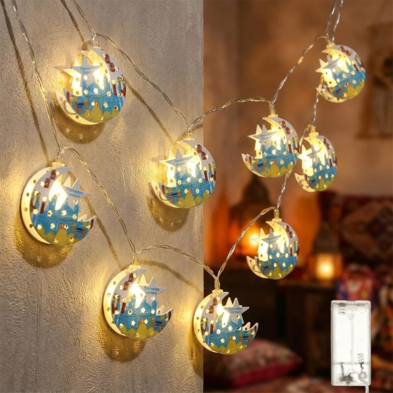 زينة رمضان خارجية بطول 1.5 متر، مزودة بـ 10 مصابيح LED تعمل بالبطارية، على شكل هلال ونجمة، مناسبة لعيد الفطر المبارك، والاحتفالات الإسلامية، وديوالي، للاستخدام الداخلي (أبيض دافئ)| متجر واو الأفضل ترينديول السعودية
