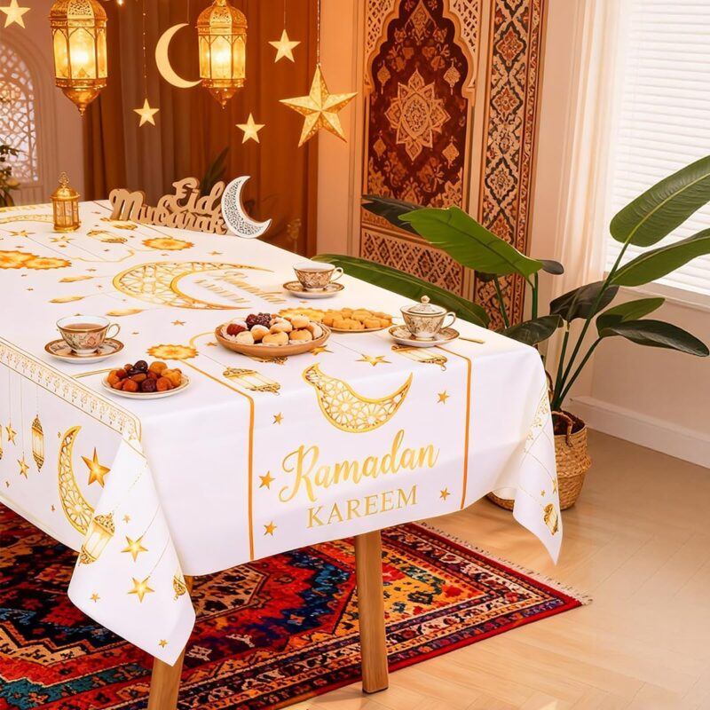 مفرش طاولة رمضان كريم، مستطيل الشكل، أبيض وذهبي، بنقشة القمر والفانوس والنجوم، غطاء طاولة من البوليستر، مناسب لتزيين حفلات العيد، مقاس 55 × 35 بوصة | متجر واو الأفضل ترينديول السعودية