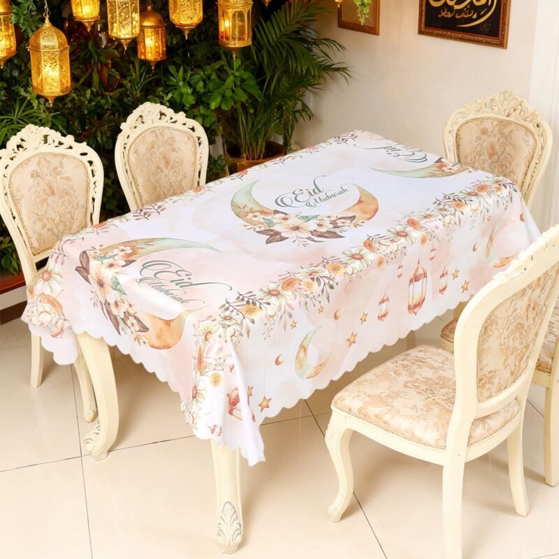 مفرش طاولة رمضان مبارك، غطاء طاولة عيد مبارك بألوان مائية وحواف مموجة، مفرش طاولة بلاستيكي مستطيل الشكل مزين بزهرة القمر للاستخدام مرة واحدة، مناسب لتزيين رمضان وتوزيعات الحفلات...| متجر واو الأفضل ترينديول السعودية
