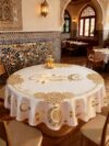 مفرش طاولة رمضان كريم - غطاء طاولة دائري أبيض ذهبي بنقشة ماندالا مع هلال ونجوم، ديكور أنيق لعيد الفطر والإفطار | متجر واو الأفضل ترينديول السعودية