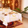 مفرش طاولة رمضان كريم، مستطيل الشكل، أبيض وذهبي، بنقشة القمر والفانوس والنجوم، غطاء طاولة من البوليستر، مناسب لتزيين حفلات العيد، مقاس 55 × 35 بوصة | متجر واو الأفضل ترينديول السعودية