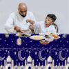 طقم واحد من مفرش طاولة رمضان مبارك، غطاء طاولة عيد مبارك أزرق فضي، مفرش طاولة بلاستيكي مستطيل الشكل للاستخدام مرة واحدة بتصميم هلال ونجوم وقلاع، مناسب لتزيين رمضان والحفلات، 51 | متجر واو الأفضل ترينديول السعودية