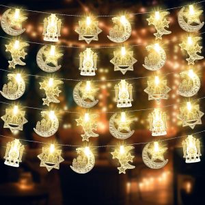 سلسلة إضاءة رمضانية بطول 20 قدمًا، مزودة بـ 40 مصباح LED أبيض دافئ، تعمل بالبطارية، للاستخدام الداخلي والخارجي، بتصميم نجمة وقمر وقلعة وفانوس، زينة رمضانية، عيد مبارك، ديكور حفلات | متجر واو الأفضل ترينديول السعودية